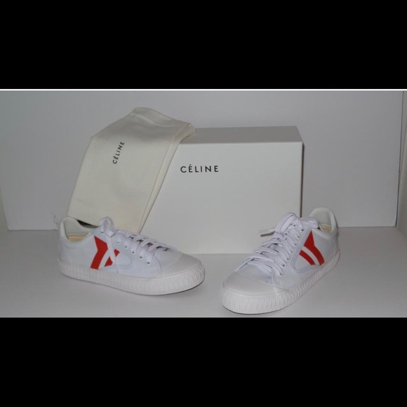 CELINE PLIMSOLE WHITE /RED CANVAS LACE UP SNEAKERS - Picture 7 of 8